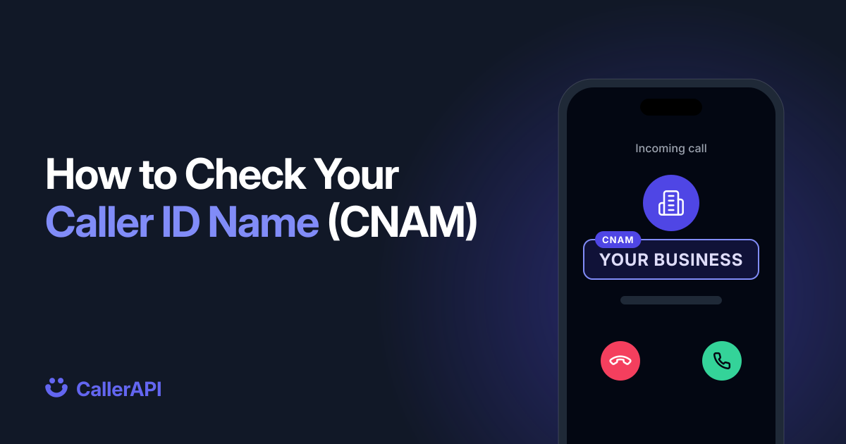How to Check Your Caller ID Name (CNAM), beside a phone showing an incoming call with the caller name YOUR BUSINESS highlighted as the CNAM